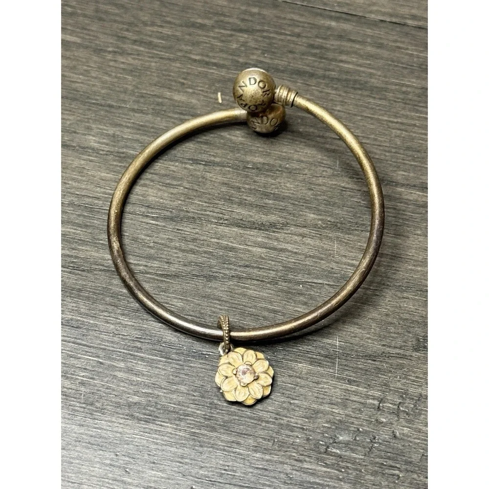 PANDORA 925 Silver Vintage Minimalist Bead Ball Bangle Bracelet Blooming Dahlia